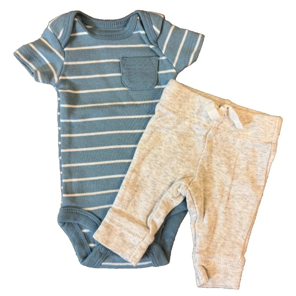 Carters Preemie Baby Boy Outfit Bodysuit‎ Pants 2 Piece Reborn Doll Striped Blue
